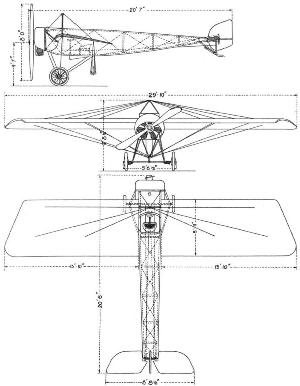 Общий вид самолета Моран Тип G (размеры в футах). Изображена серийная машина французской постройки с улучшенным капотом. 
