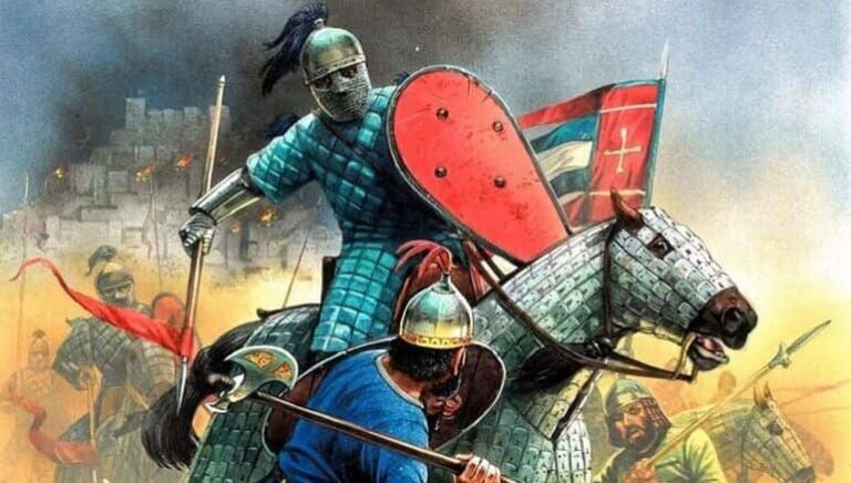 Византийские катафракты топчут арабскую пехоту в сражении под Аджнадайном