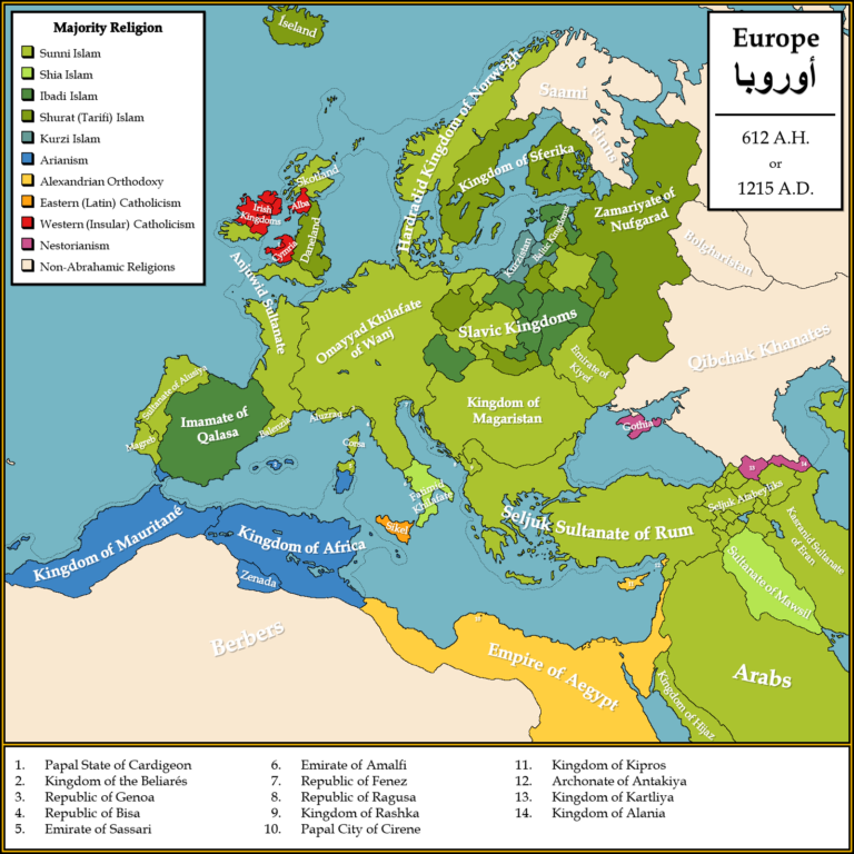 Карта Европы, Северной Африки и Ближнего Востока на 1215 год